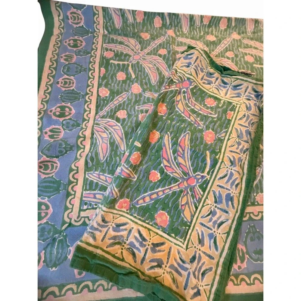 Vtg Tablecloth & Napkin Set Dragonfly Pastel Print by Pomegranate 55